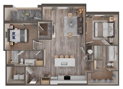 Floor plan for 2 beds, 2 baths, 1278 sqft